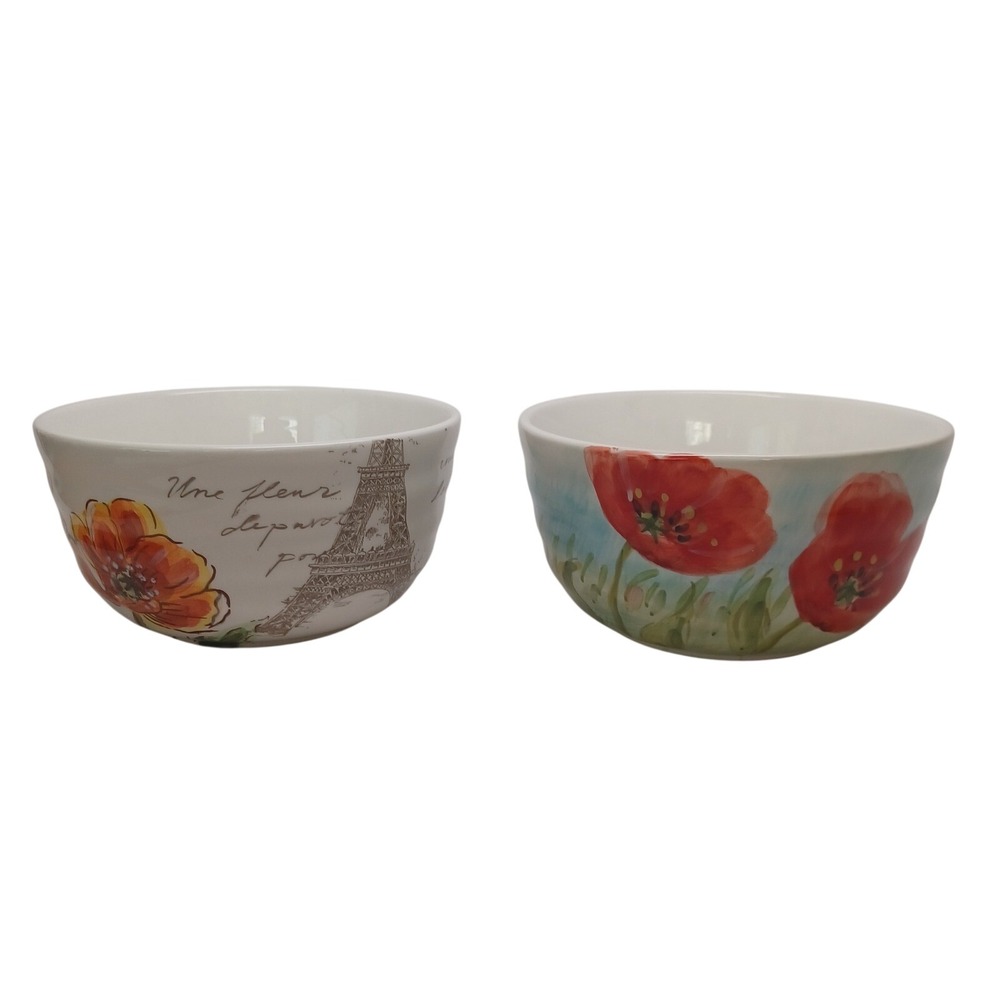 Maxcera Tower & Poppy Ceramic Cereal Bowls Set of 2 French Country Floral Paris